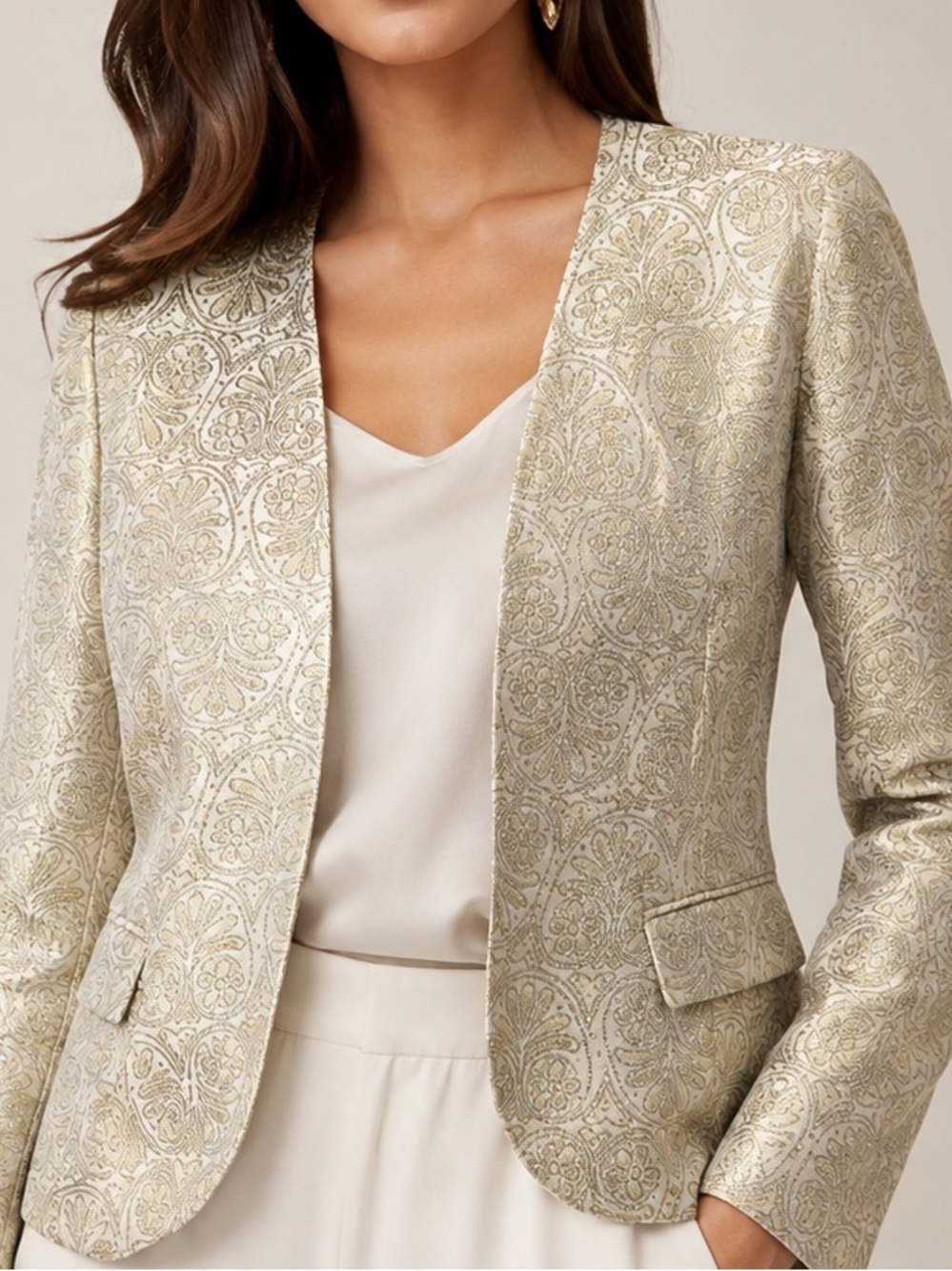 Lafayette 148 New York Cream Blazer with Metallic Gold Paisley Jacquard